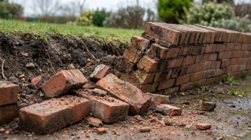Collapsed brick retaining wall recorded as a structural defect