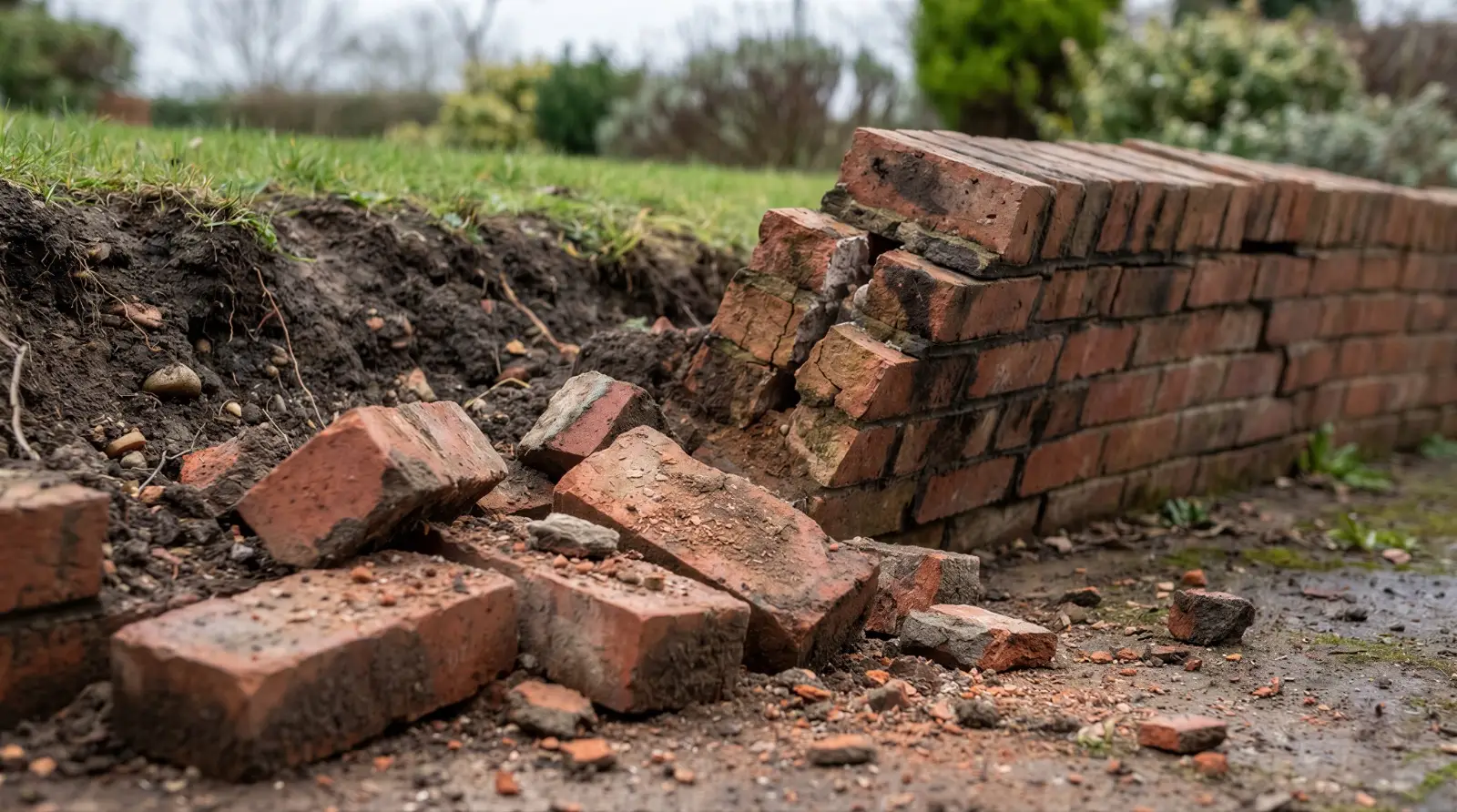 Collapsed brick retaining wall recorded as a structural defect