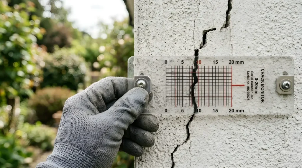 Crack monitor gauge fitted to a rendered wall to measure structural movement