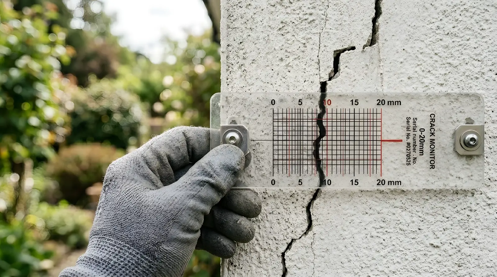 Crack monitor gauge fitted to a rendered wall to measure structural movement