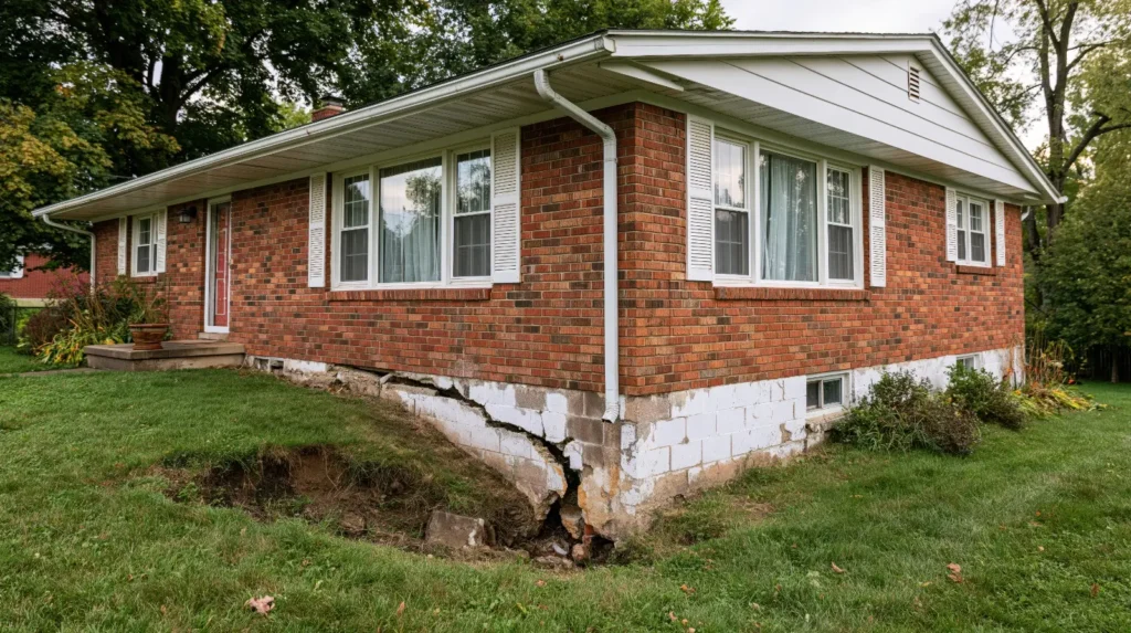 Subsidence and a cracked footing at the corner of a brick home