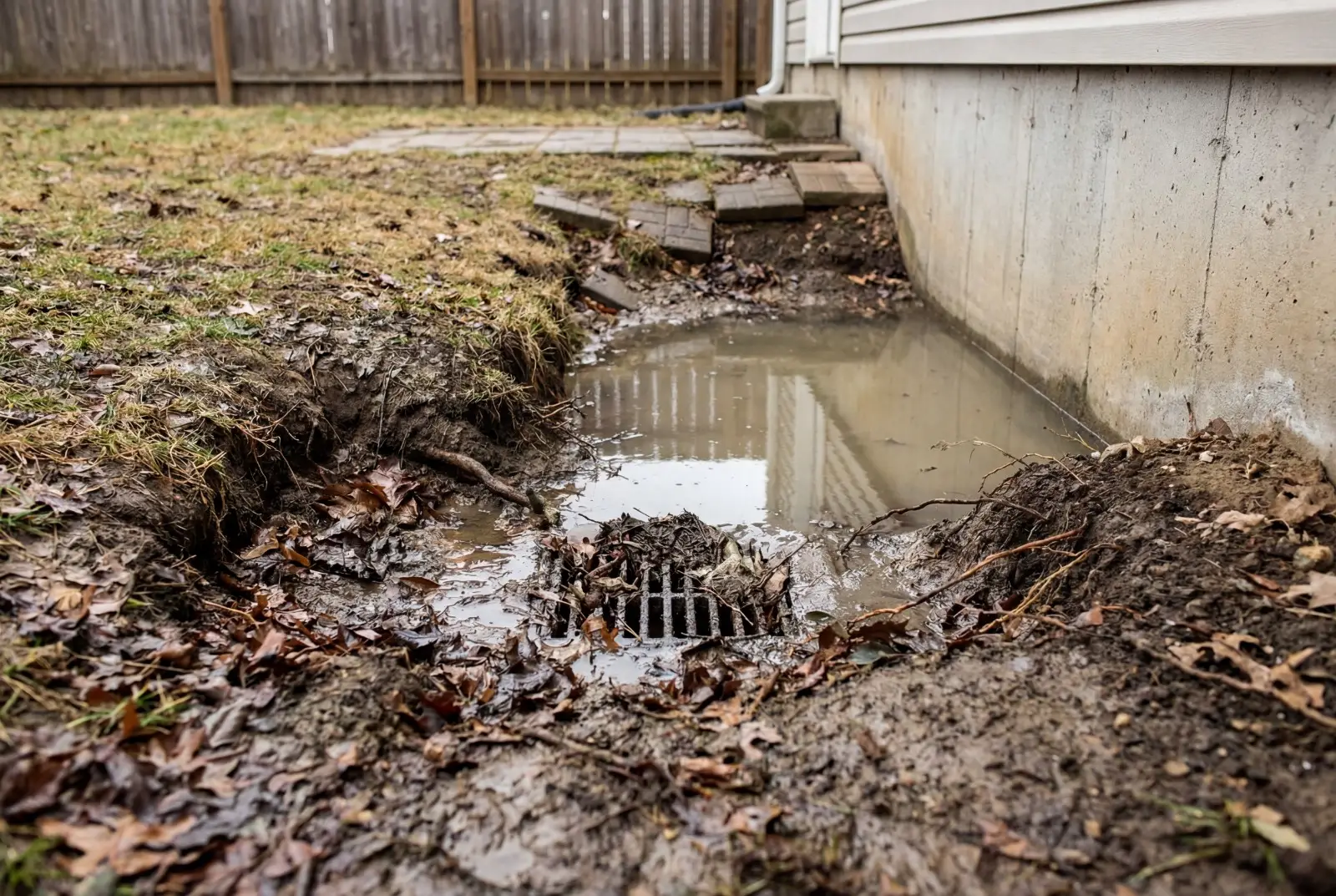 Pooling water and blocked drainage against a house foundation