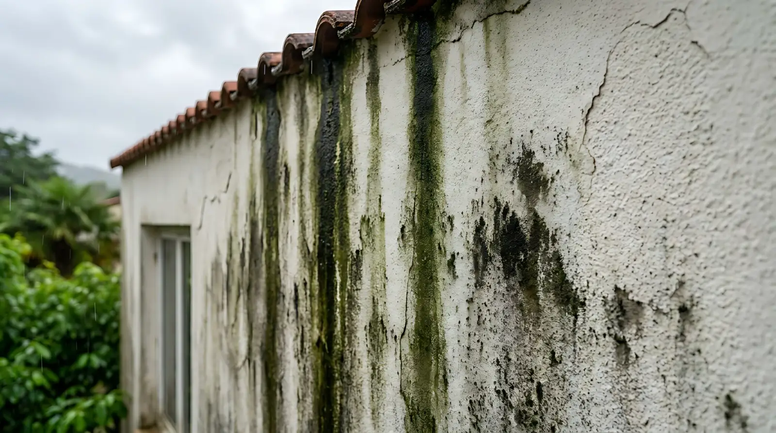 Mould and water staining on an external rendered wall caused by damp