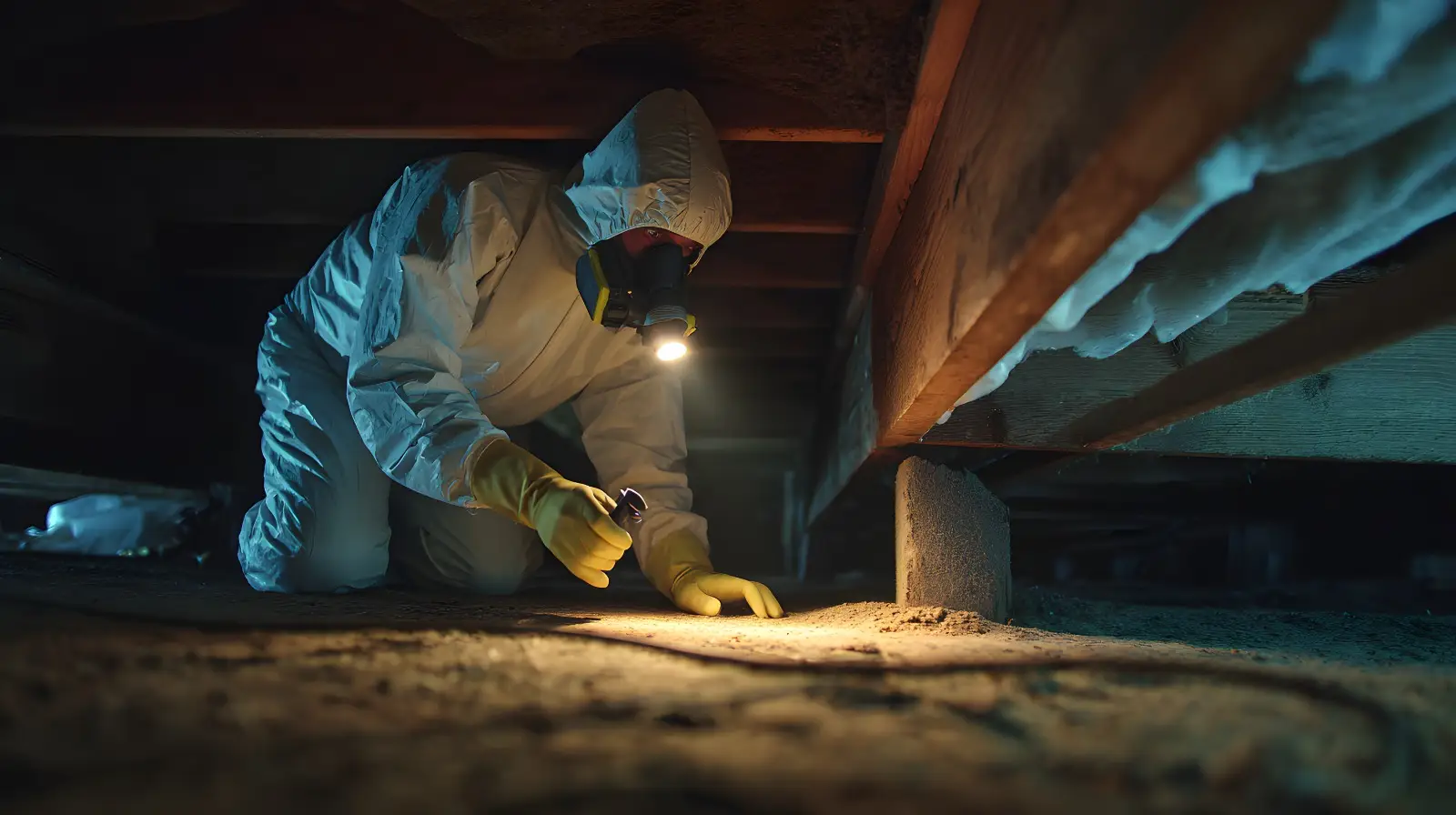 Inspector checking a subfloor crawl space for termite activity and moisture