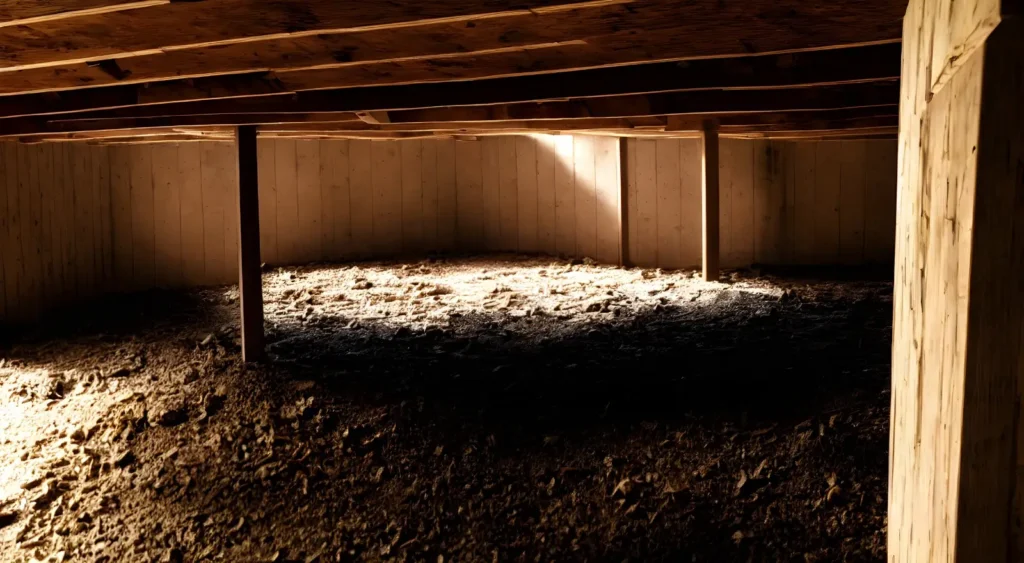 Subfloor space showing timber bearers and joists assessed during a property inspection