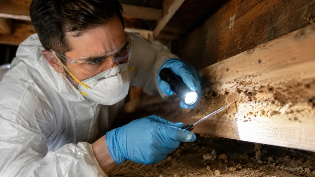 Pest inspector examining termite damage in a timber beam during a building and pest inspection